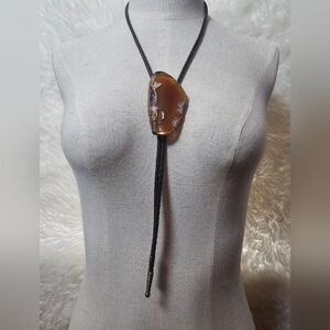Vintage Agate Stone Bolo Tie Necklace Brown Braided Leather Western Fashion